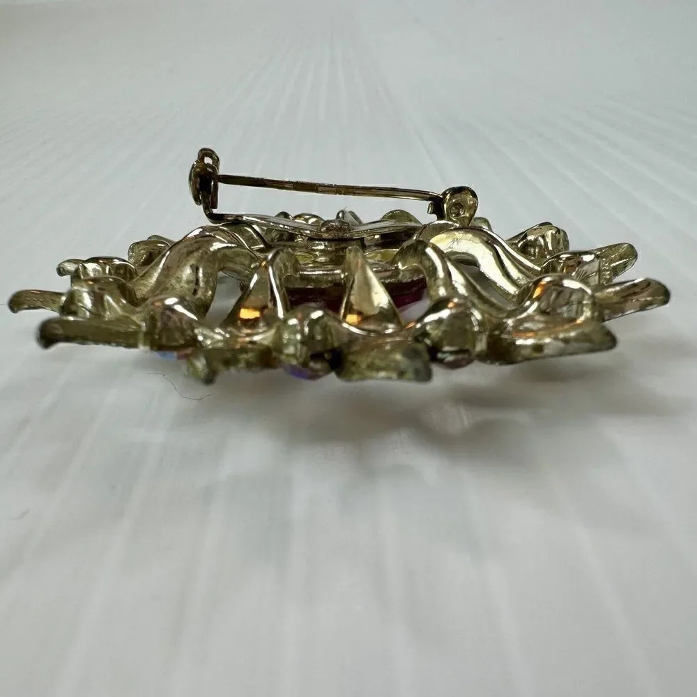 Vintage Pink Rhinestone Sunburst Brooch Gold Tone Floral Statement Pin